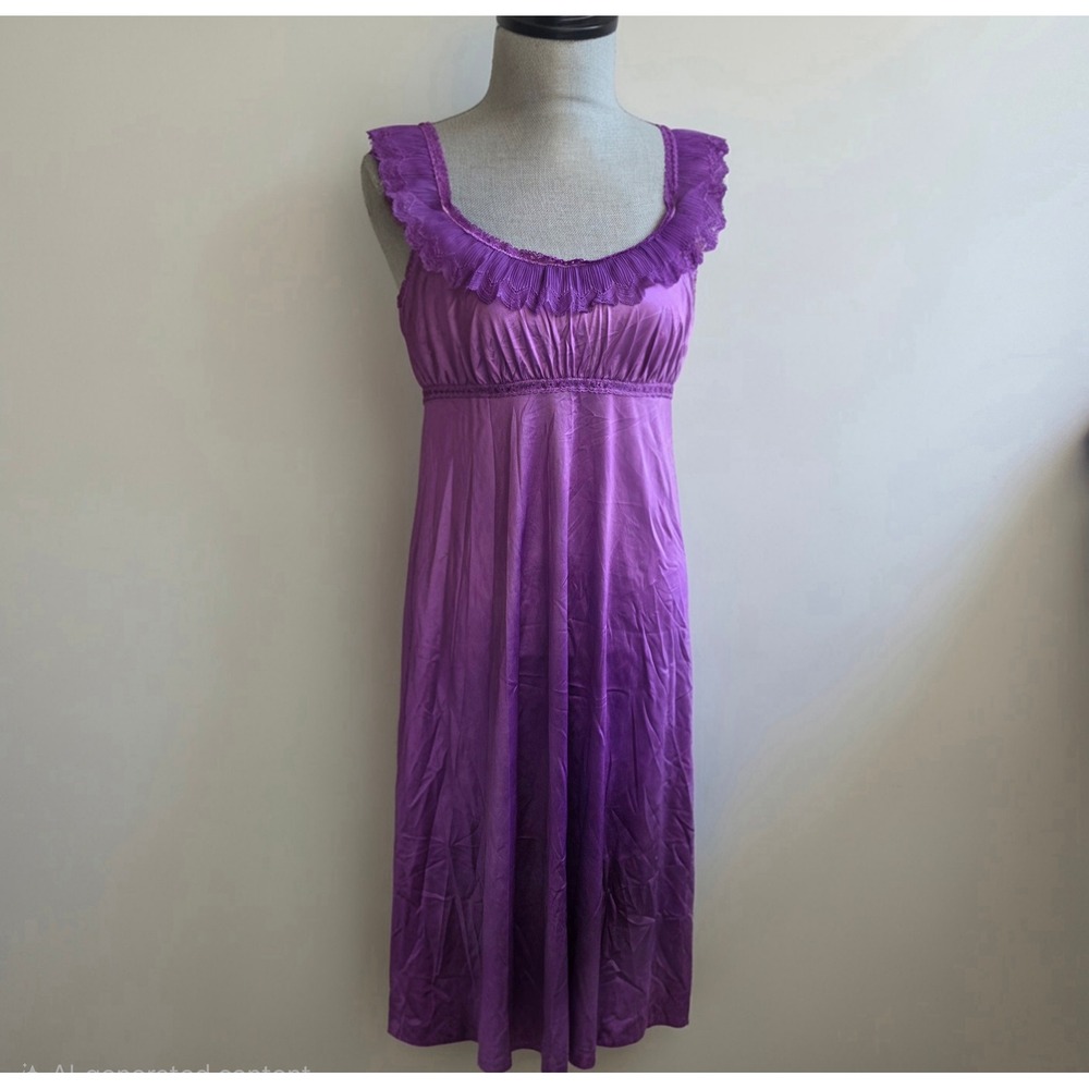 Vintage 70s Vanity Fair Babydoll Purple Nylon Nightgown Lace Ruffle Maxi Medium - Picture 1 of 6